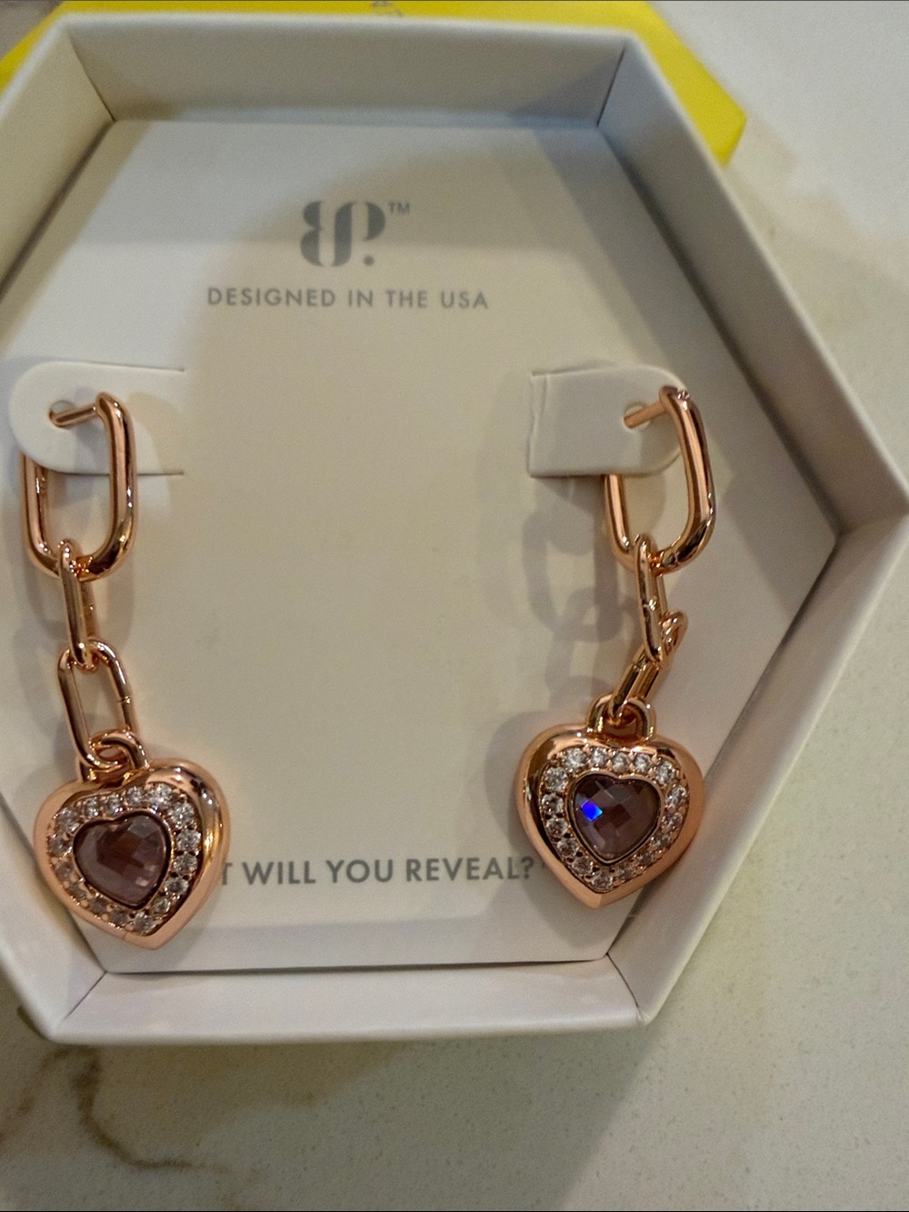 Rose Gold Heart Dangle Earrings with Crystal Accents